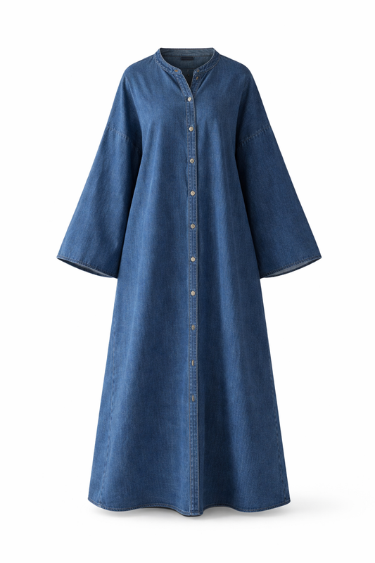 100% Cotton Denim Modest Jean Abaya Dress – Loose Fit Maxi Denim Abaya for Everyday & Eid