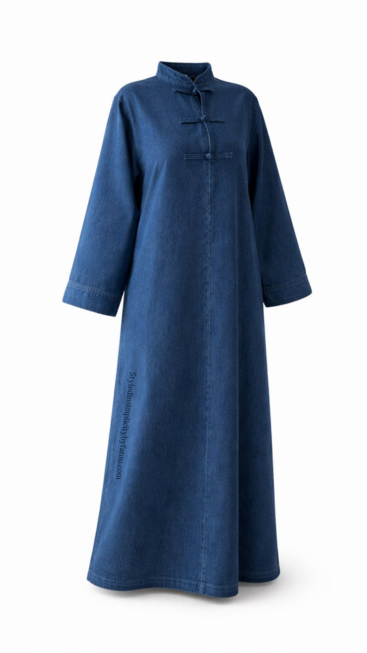 Cotton Denim Modest Jean Abaya Dress – Loose Fit Maxi Denim Abaya for Everyday & Eid