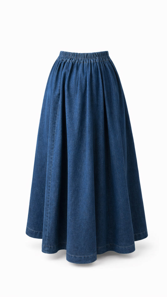 Cotton Maxi Denim Skirt Abaya with Pockets – Loose Fit Elastic Waist Modest Skirt