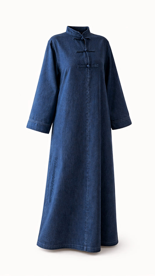 Cotton Denim Modest Jean Abaya Dress – Loose Fit Maxi Denim Abaya for Everyday & Eid