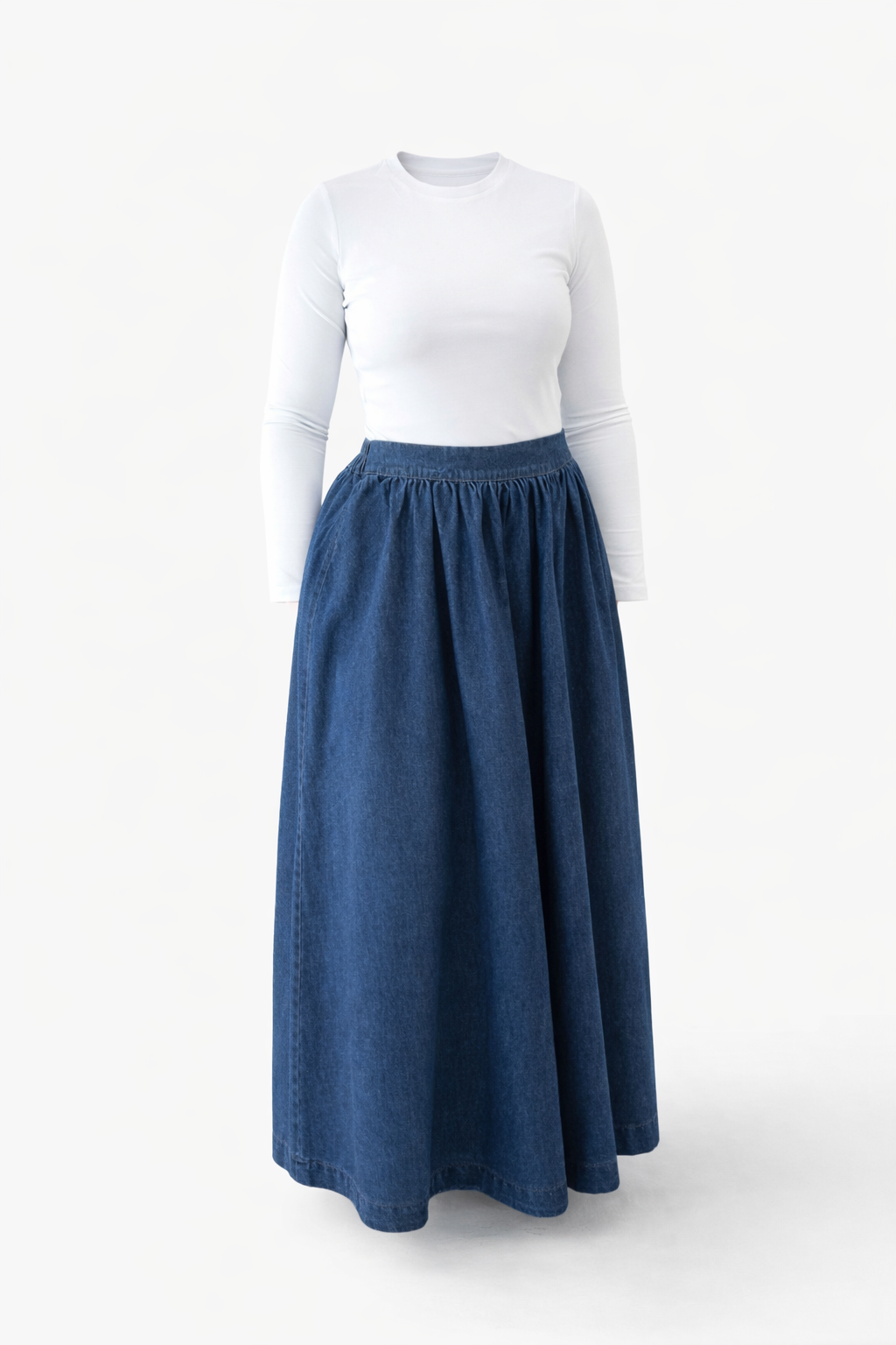 Cotton Maxi Denim Skirt Abaya with Pockets – Loose Fit Elastic Waist Modest Skirt