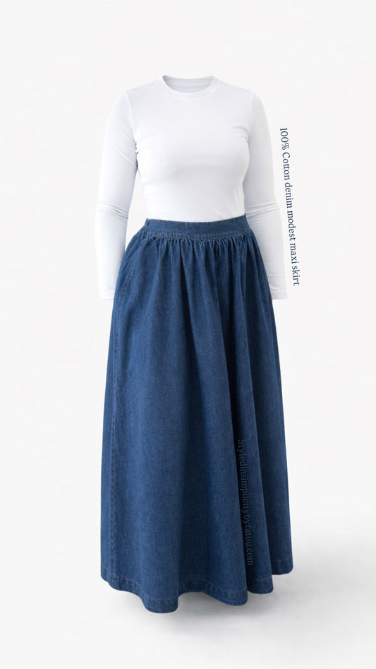 Cotton Maxi Denim Skirt Abaya with Pockets – Loose Fit Elastic Waist Modest Skirt