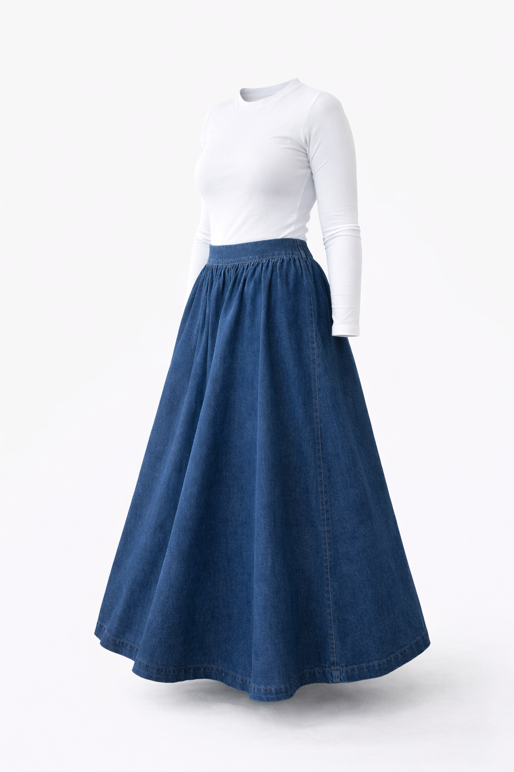 Cotton Maxi Denim Skirt Abaya with Pockets – Loose Fit Elastic Waist Modest Skirt