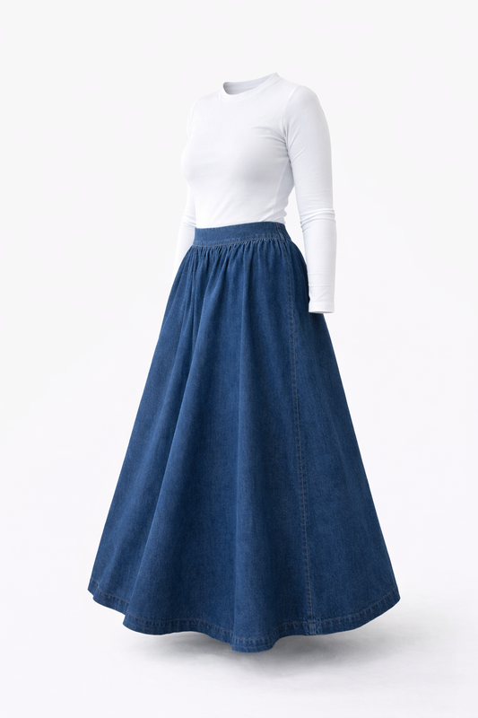 Cotton Maxi Denim Skirt Abaya with Pockets – Loose Fit Elastic Waist Modest Skirt